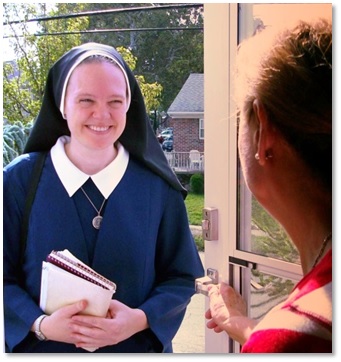 A neighbor opening the door to a Visitation Sister