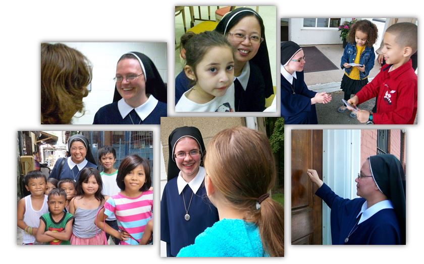 Collage of Sisters working with children and knocking on a door