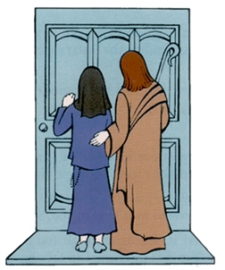 Drawing of Jesus and Sister knocking at a door
