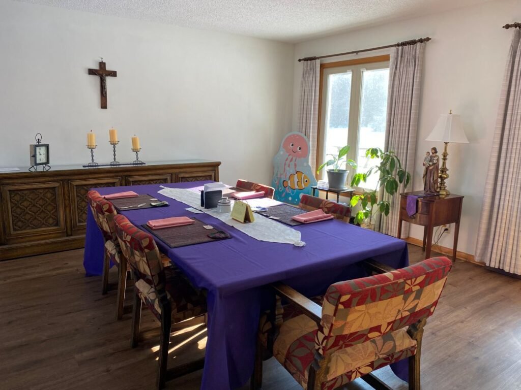 Our dining area with simple purple accents