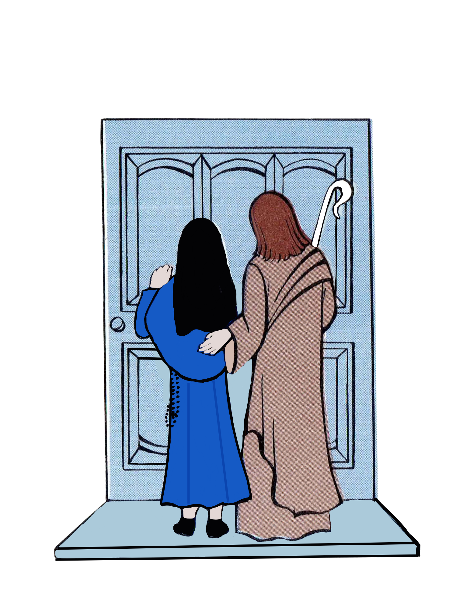 Drawing of Jesus and Sister knocking at a door